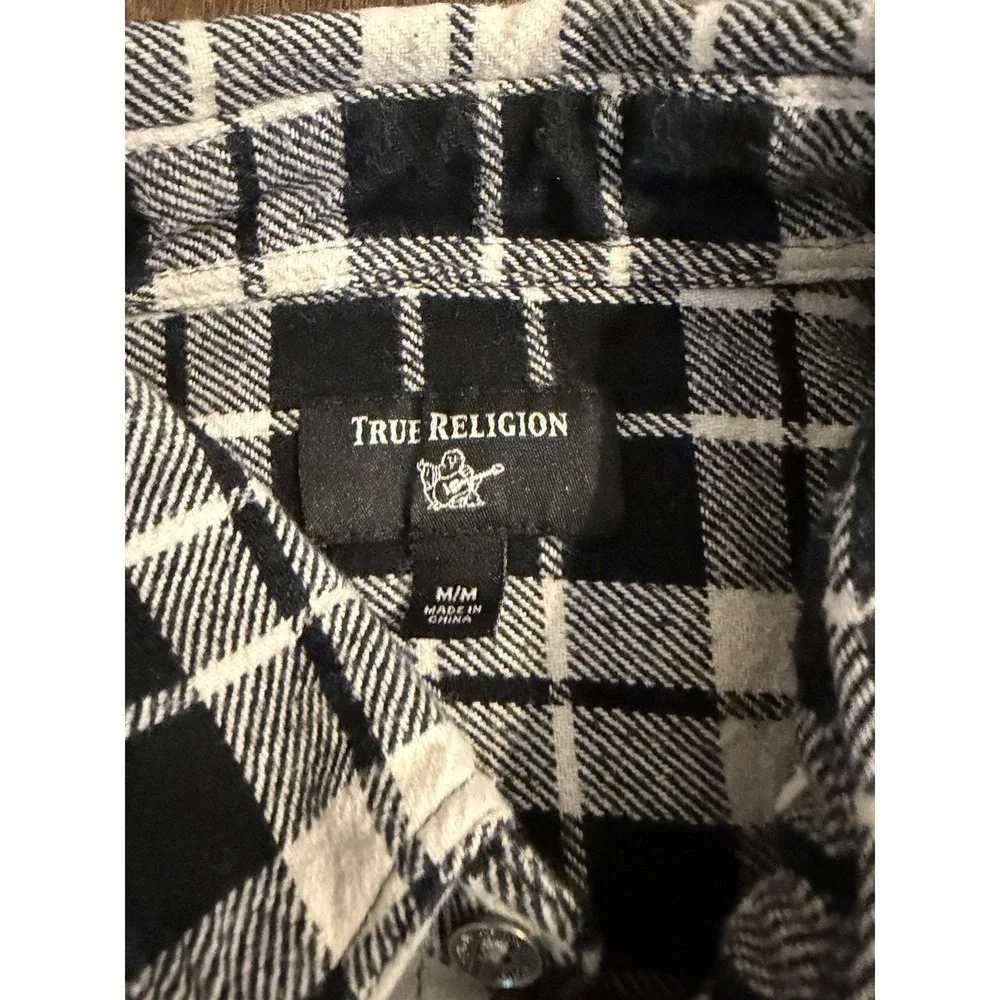 True Religion Shirt Mens Medium Black White Button Plaid Flannel Casual